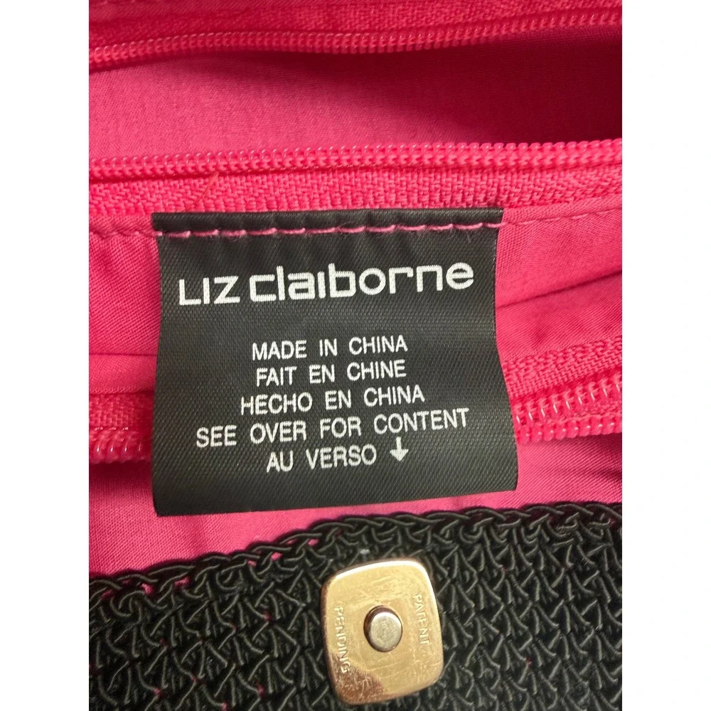Liz Claiborne Black Woven Bamboo Handle Satchel Tote Handbag Pink Lining